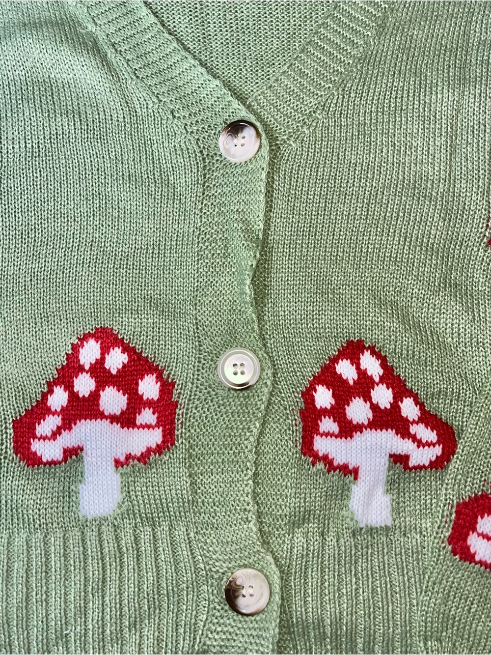 Green Knit Button Front Cardigan Sweater w/ Red Mushrooms Cottagecore, Women’s M - Picture 2 of 5